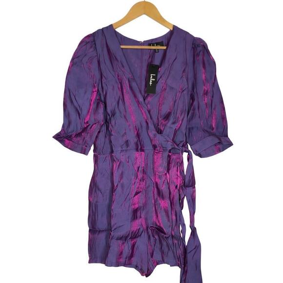 Lulus Major Wow Factor Romper Metallic Puff Sleeve Iridescent Purple Pink NWT XL - Picture 3 of 9